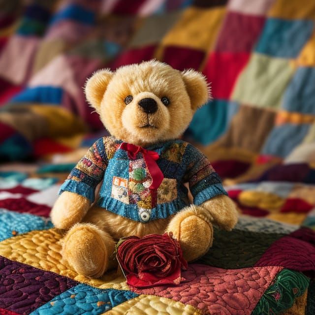 Poignant Teddy Bear on Patchwork Quilt