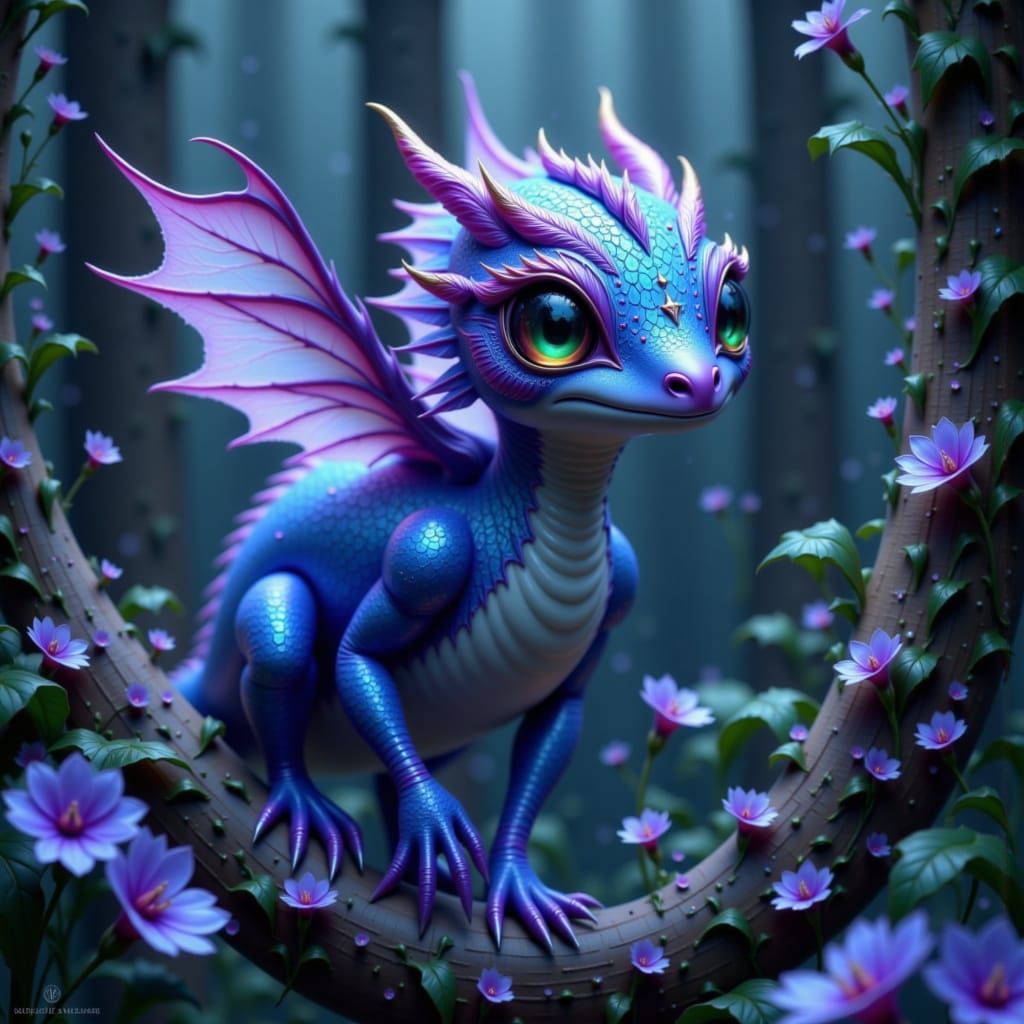 Fantastical Creature in Bioluminescent Forest Digital Painti...