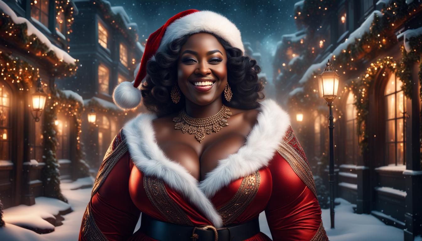 Alluring Curvy Black Santa Claus in Digital Painting