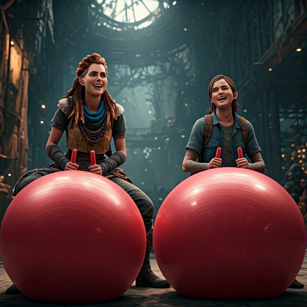 Aloy and Ellie Playfully Bouncing, Hyperrealistic Image