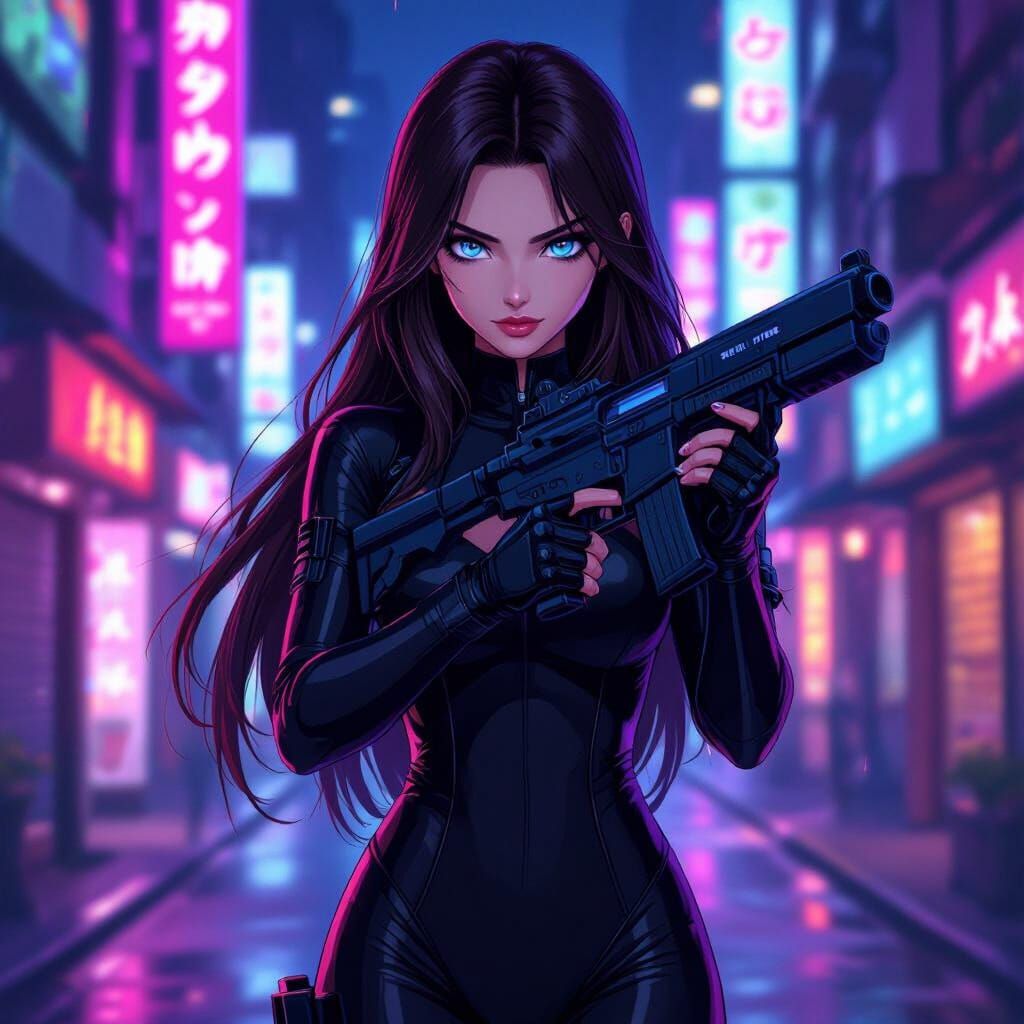 Anime Girl with Gun in Futuristic Tokyo Street