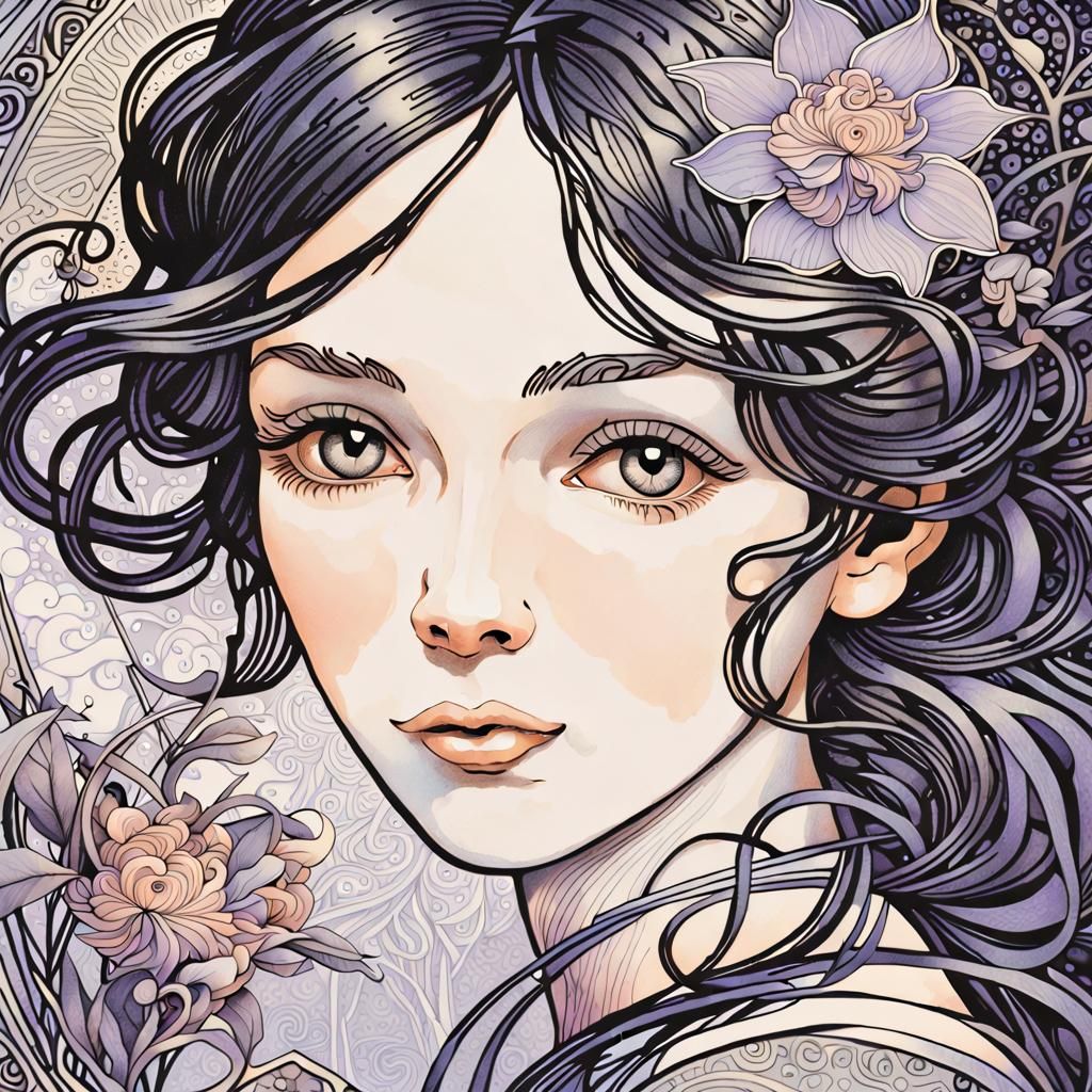 Seriously WOW dreamcode drawing, 🌈, black ink lines, face of an alluring woman, ♀️, illuminated Runes, dreamy eyes of l...