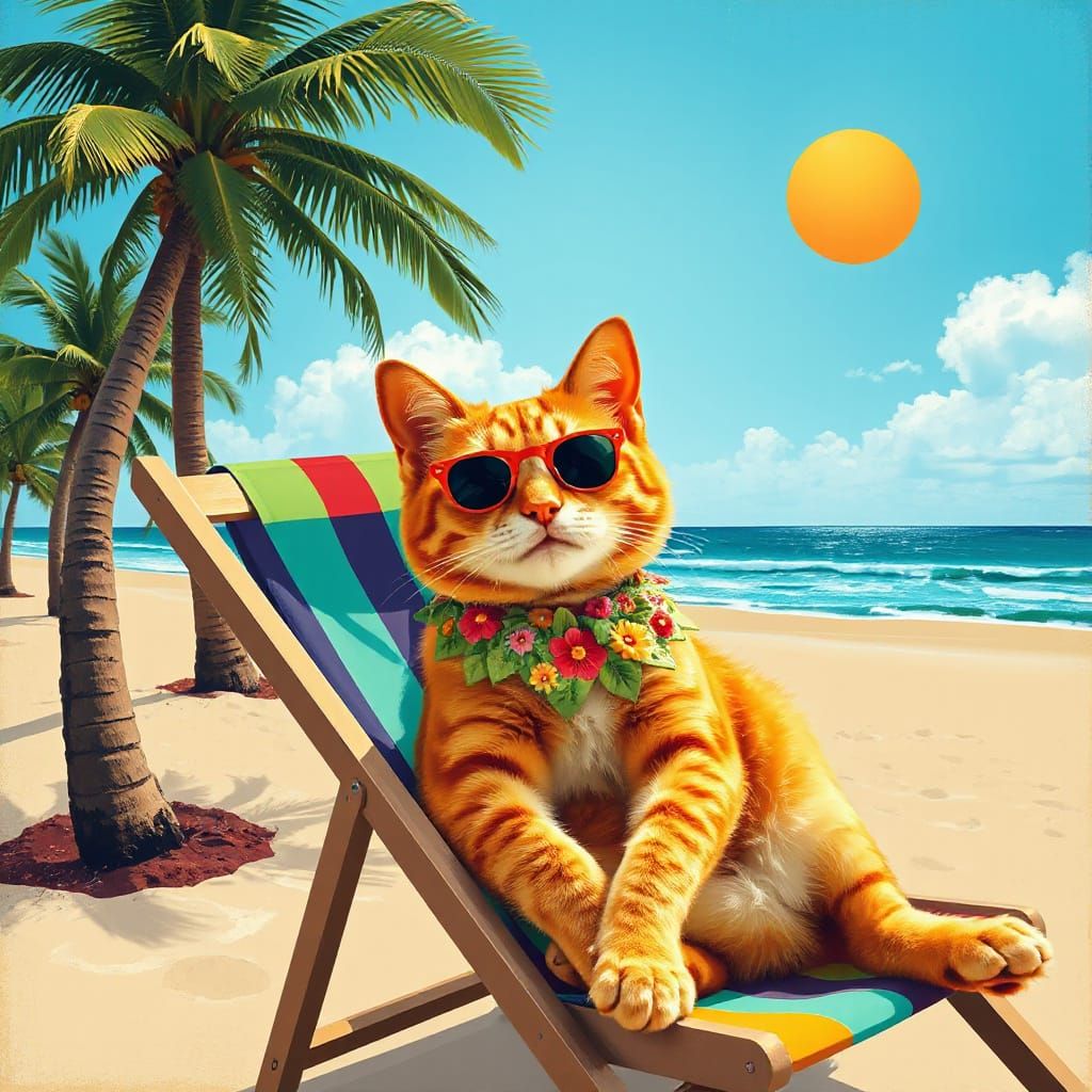 Ginger Cat Lounging on Beach in Vivid Colors