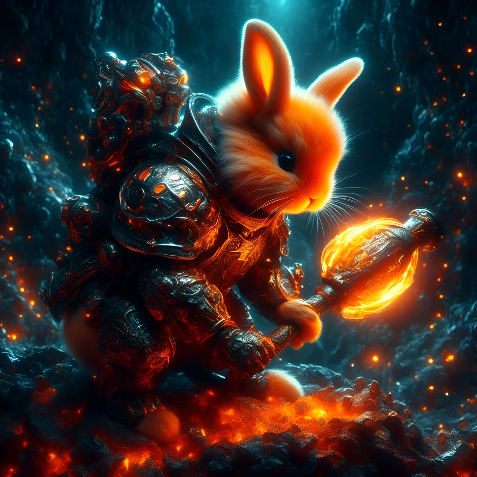 Armored Bunny Warrior with Glowing Battle Hammer