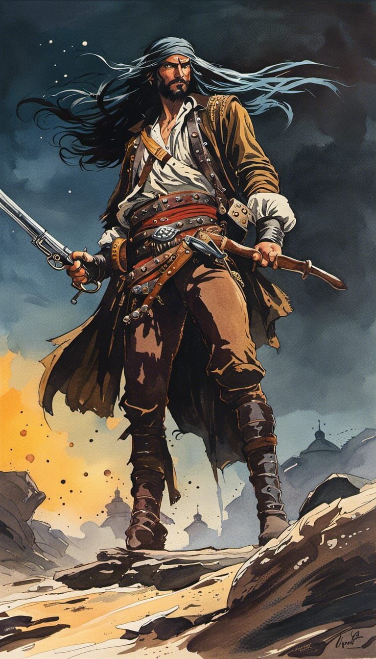 Arabian Pirate with Pistol: Watercolor Comic Art