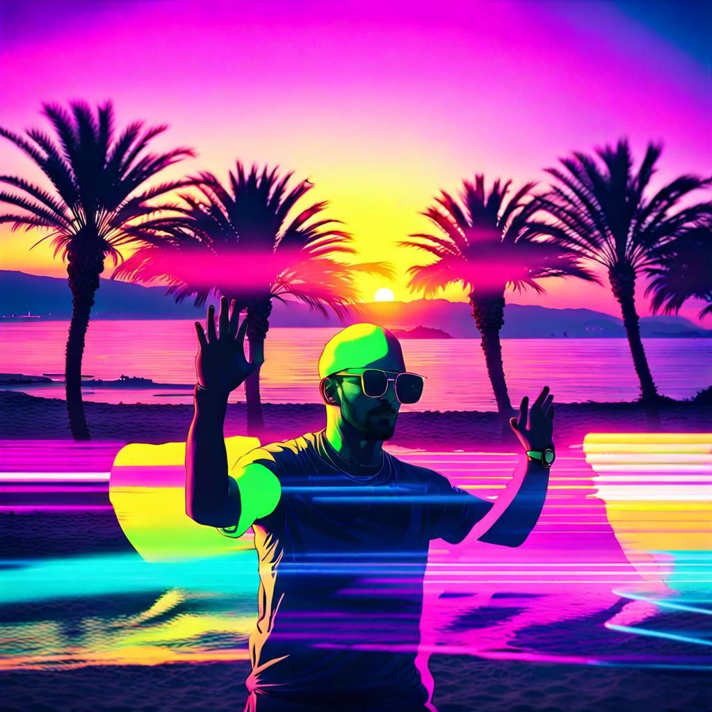 Ibiza Beach Rave in Vaporwave Double Exposure