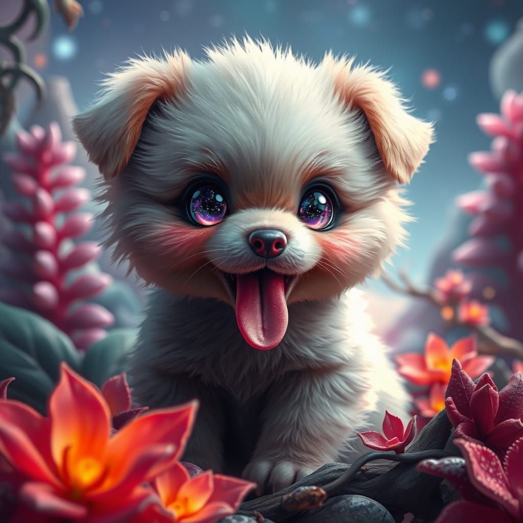Surreal Alien Puppy Amidst Cosmic Foliage