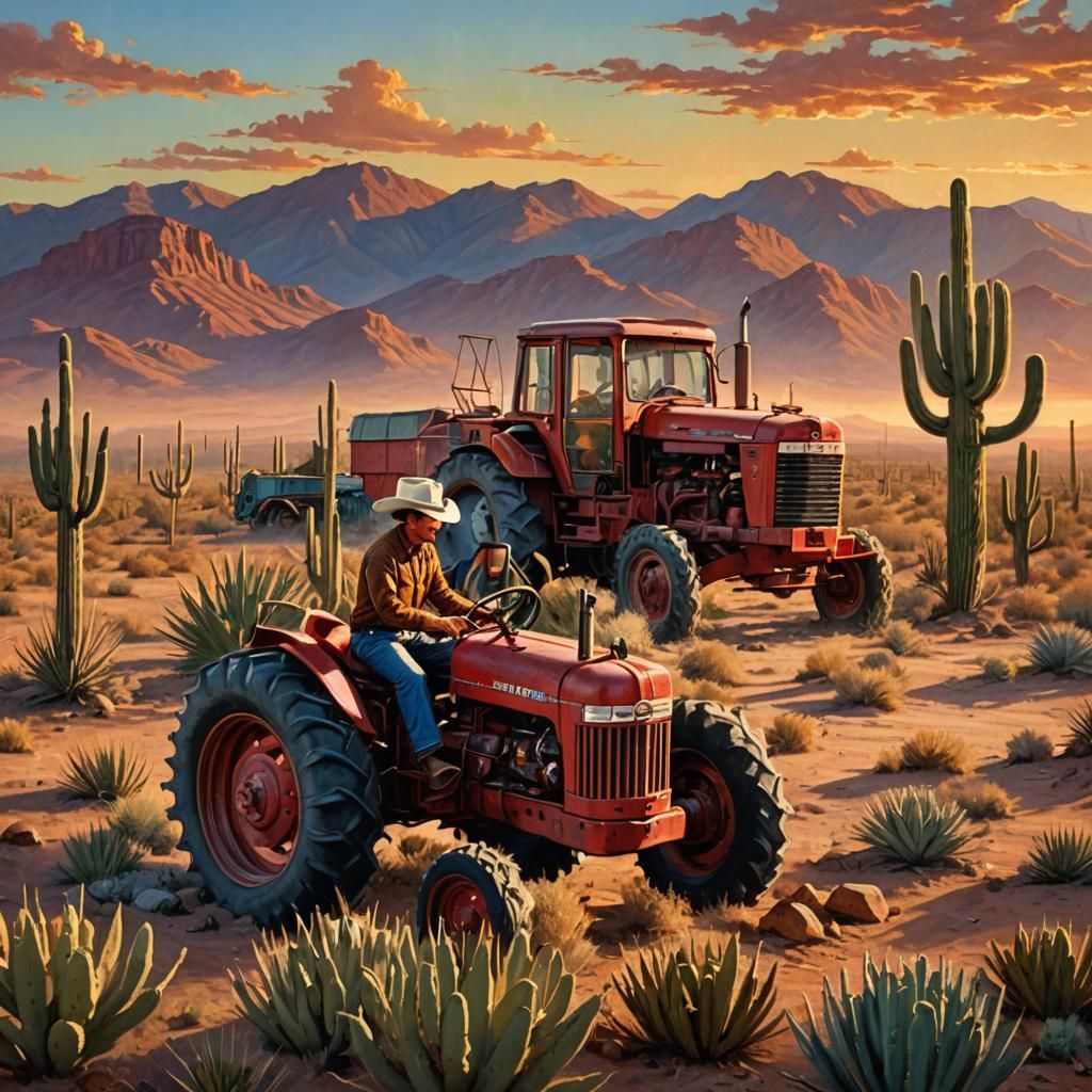 Cowboy and Tractor in Desert Landscape, Oil Painting