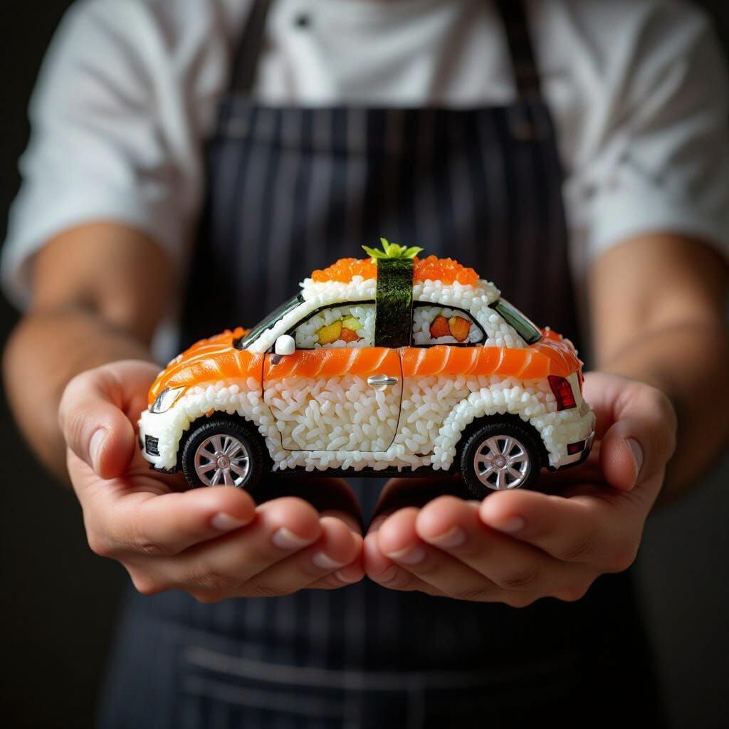 Creative Food Art: Sushi Car Held By Person