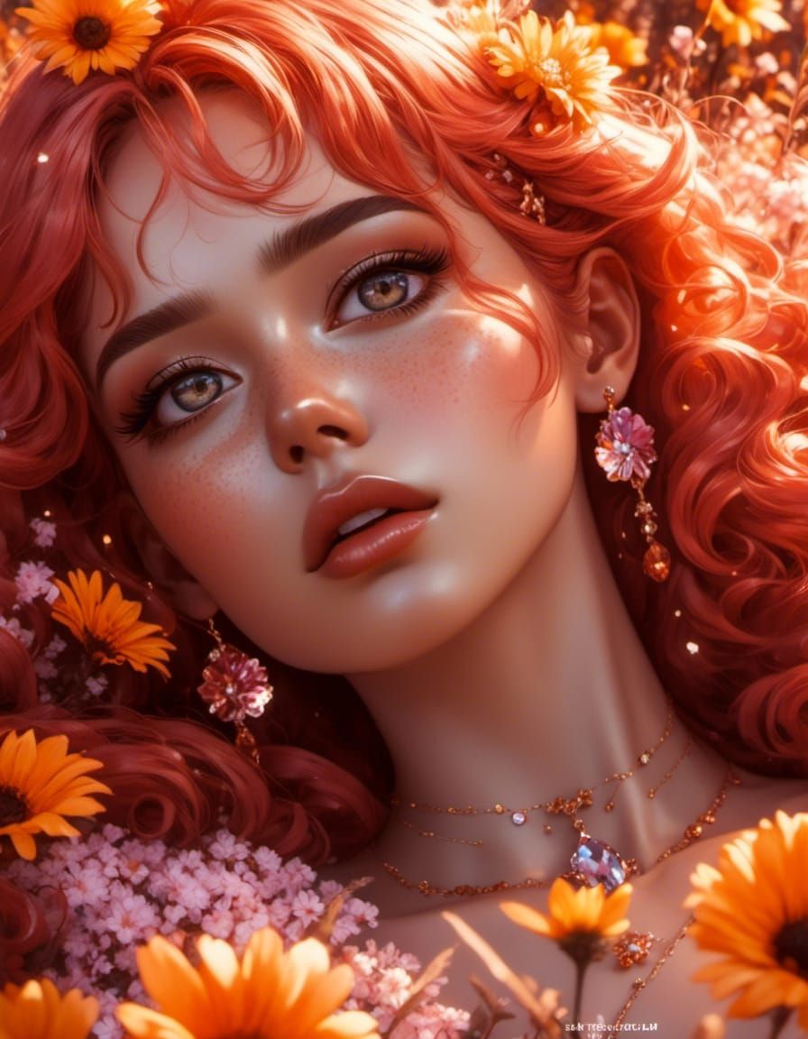 Freckled Woman in Flower Field at Sunrise