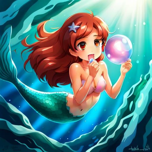 Anime Mermaid Arielle Blowing Bubblegum Bubble