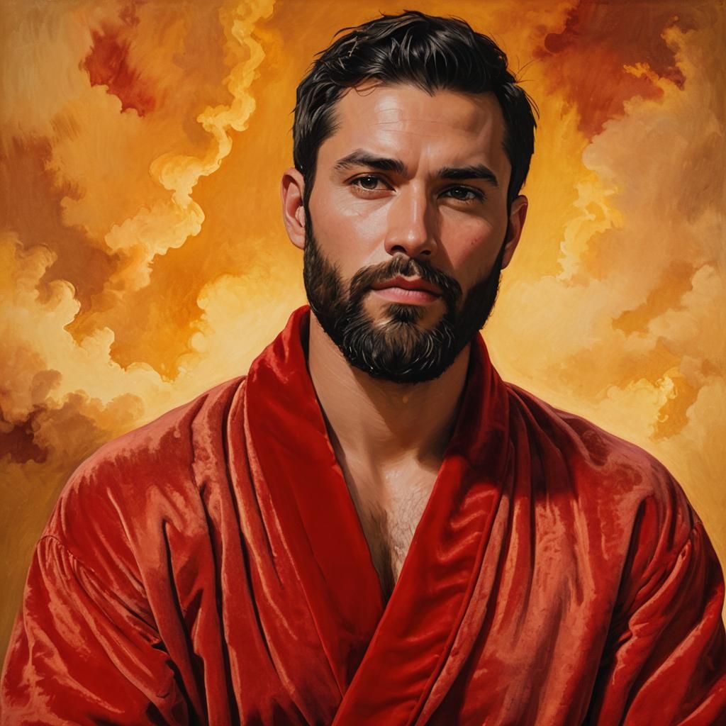 Portrait of Handsome Man in Red Bathrobe