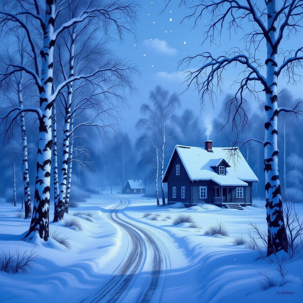 Ethereal Winter Landscape with Snow-Covered House