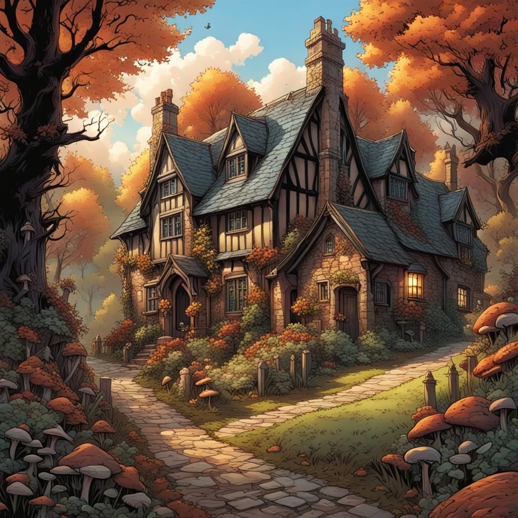 Gothic Cottagecore Village in Autumn Sunlight