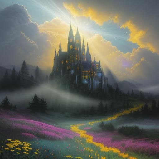 Golden Meadow with Sunbeams and Graffiti Art