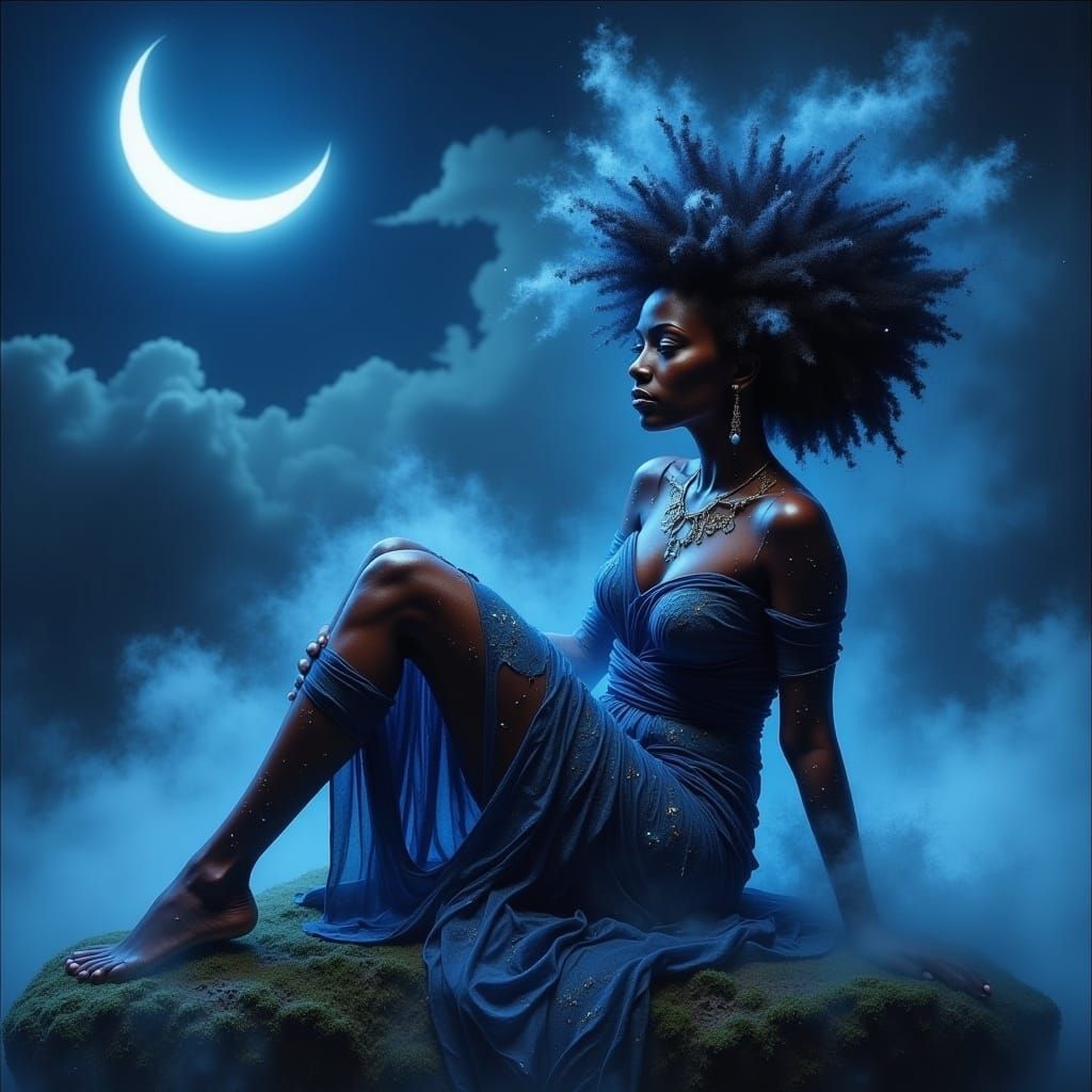 A serene woman sits with crossed legs on a misty, moonlit rock.