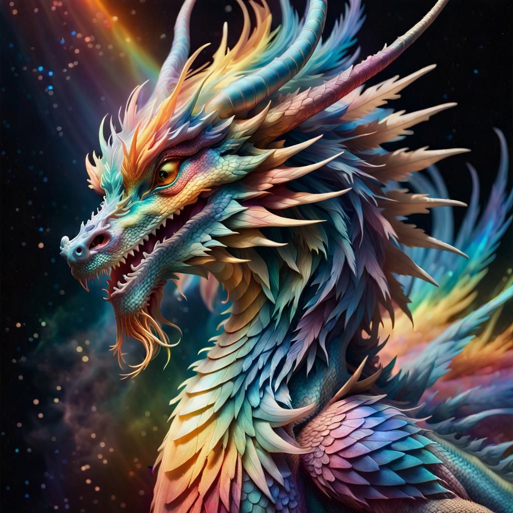 Rainbow Feathered Dragon Portrait in Cosmic Space