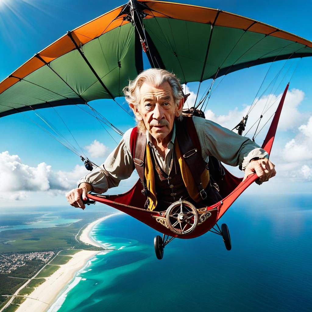 Wizard Hang-Gliding Over Gulf in Cinematic Style