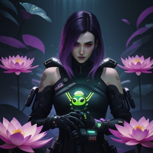 Cyberpunk Frog in a Lotus Pond Fantasy Scene