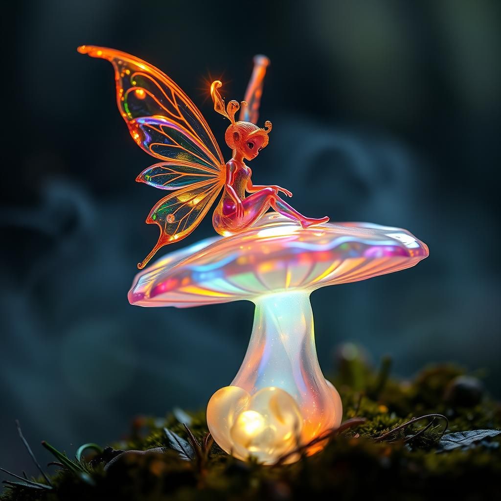 Glass Fairy Dancing on Iridescent Glass Mushroom Within a My...