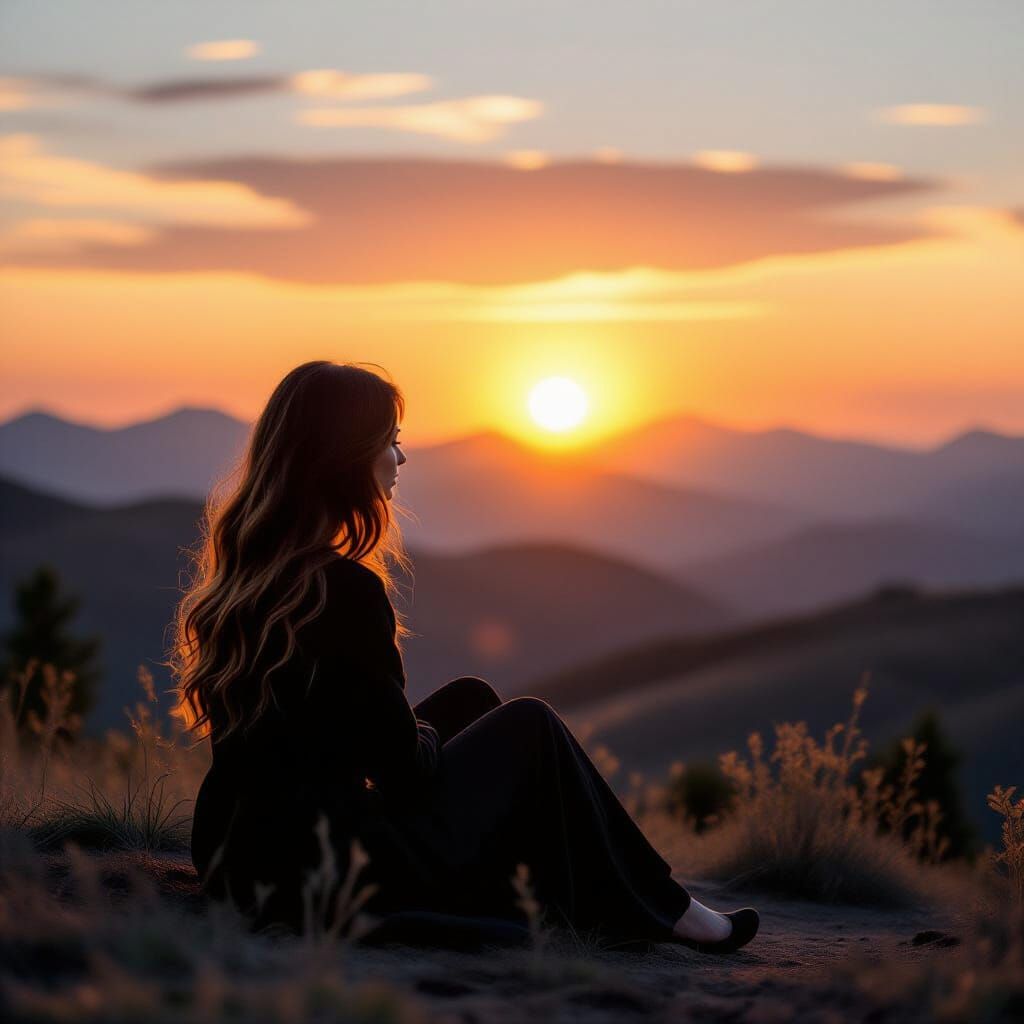 Woman on Hillside at Sunset, Romantic Realism Style