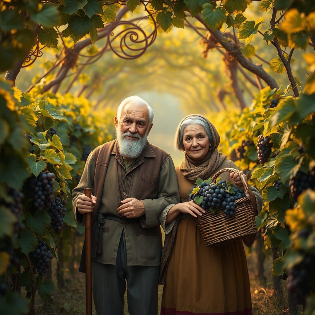 Rustic Elderly Couple Amidst Vibrant Vineyard