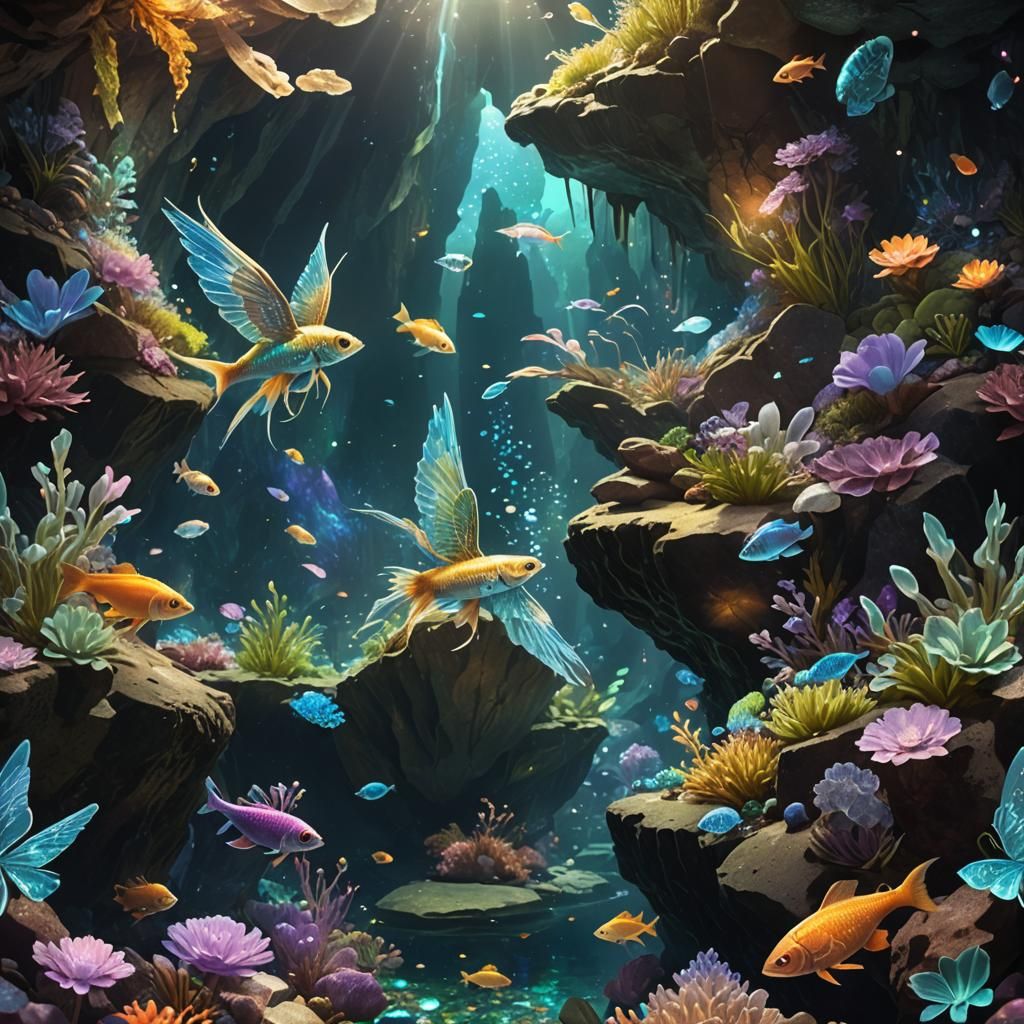 Shimmering Cave with Winged Urs and Fish