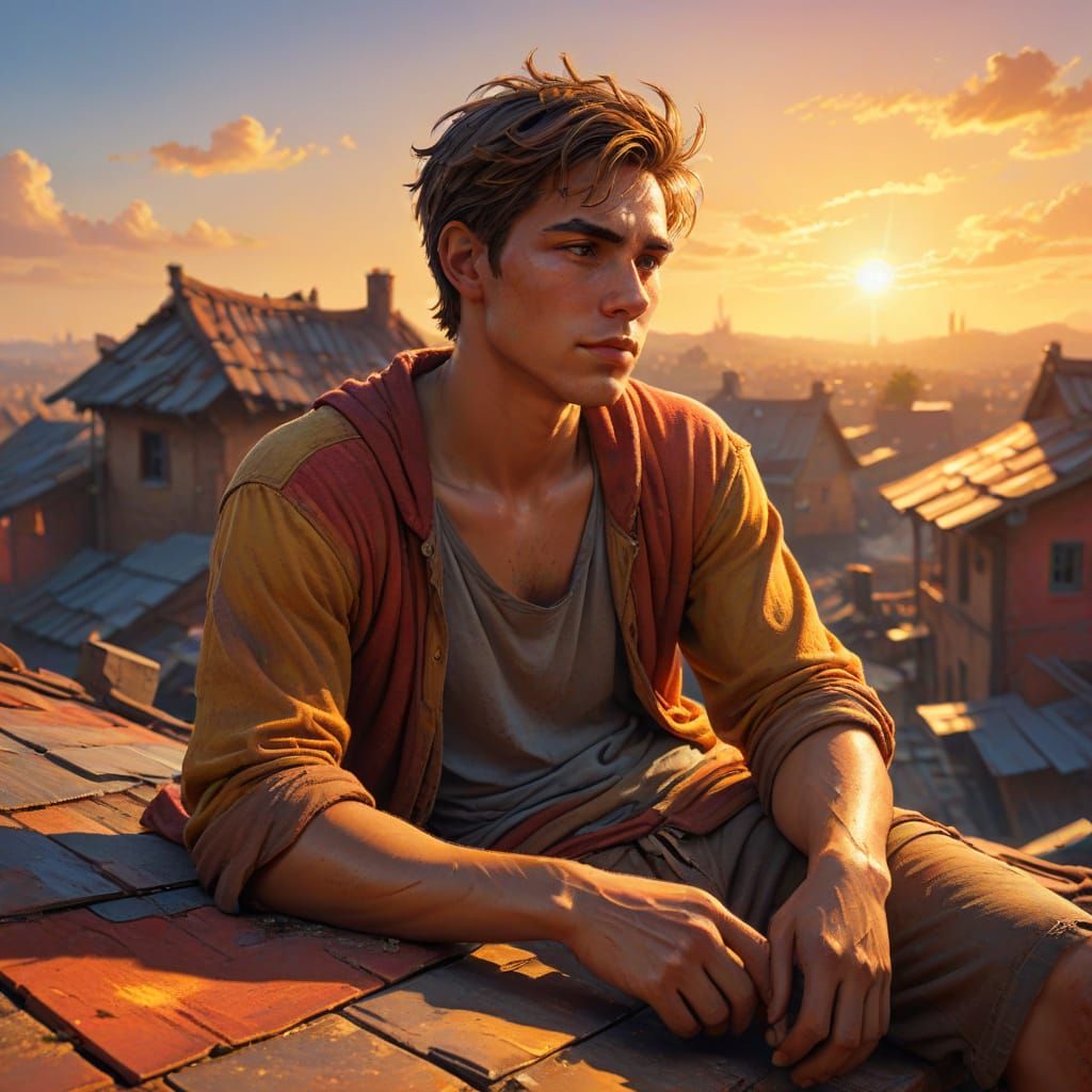 Concept Art: Young Man Resting After Rooftop Work in Golden ...