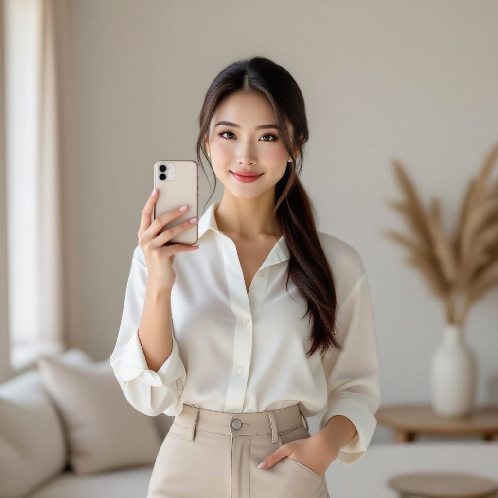 Influencer Taking Selfie in Minimalist Studio