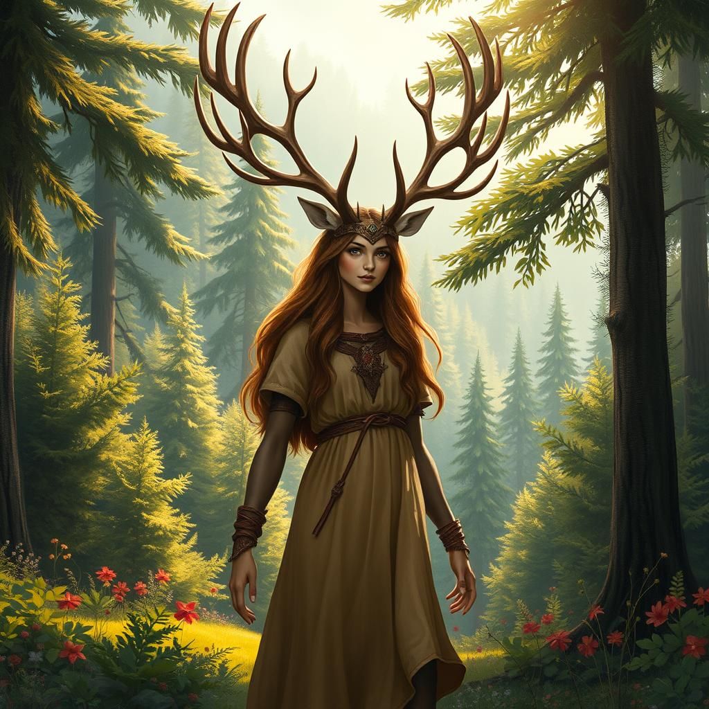 Majestic Deer Woman in Lush Forest