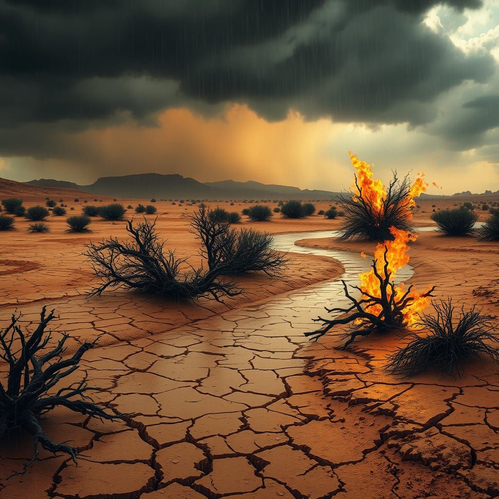 Burning Desert Landscape with Torrential Downpour and Flicke...