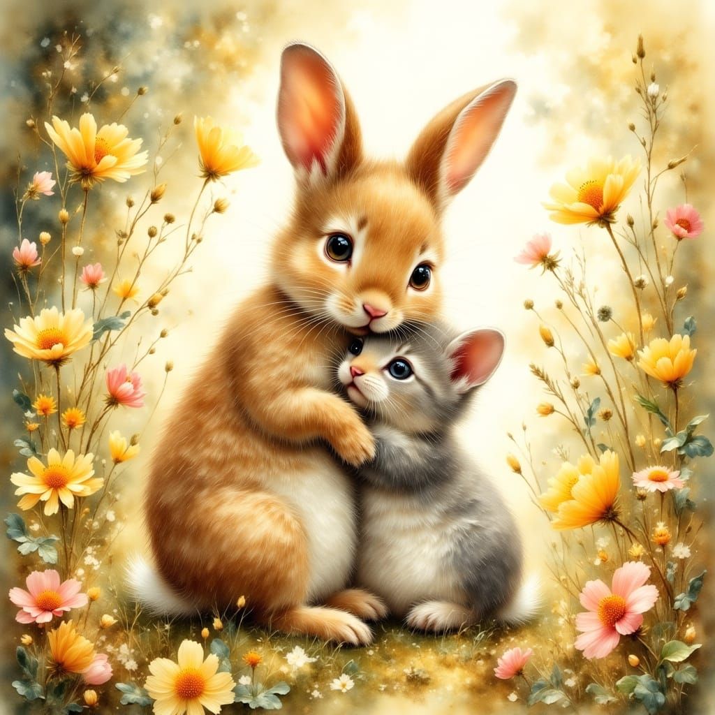 Bunny and Kitten Cuddle in Watercolor Meadow