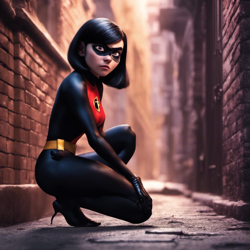 Hyperrealistic Violet Parr Kneeling in Alley