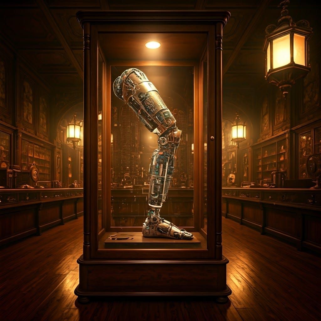 electronic circuitry prosthetic-leg in   glass cabinet in th...