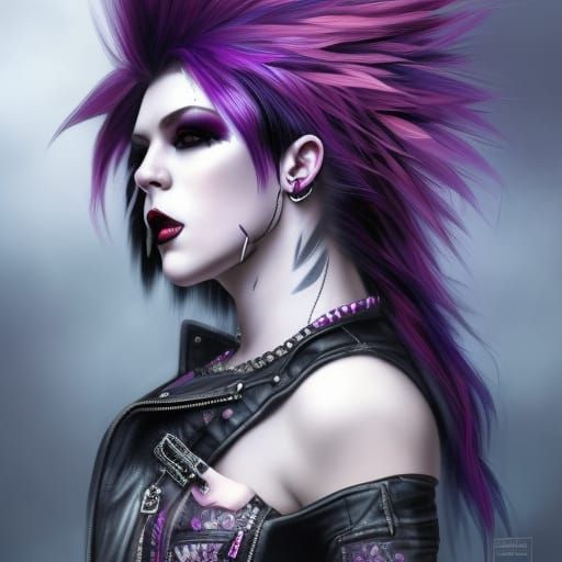 Gothic punk Rocker with purple Mohawk& Punk rock leather jacket
