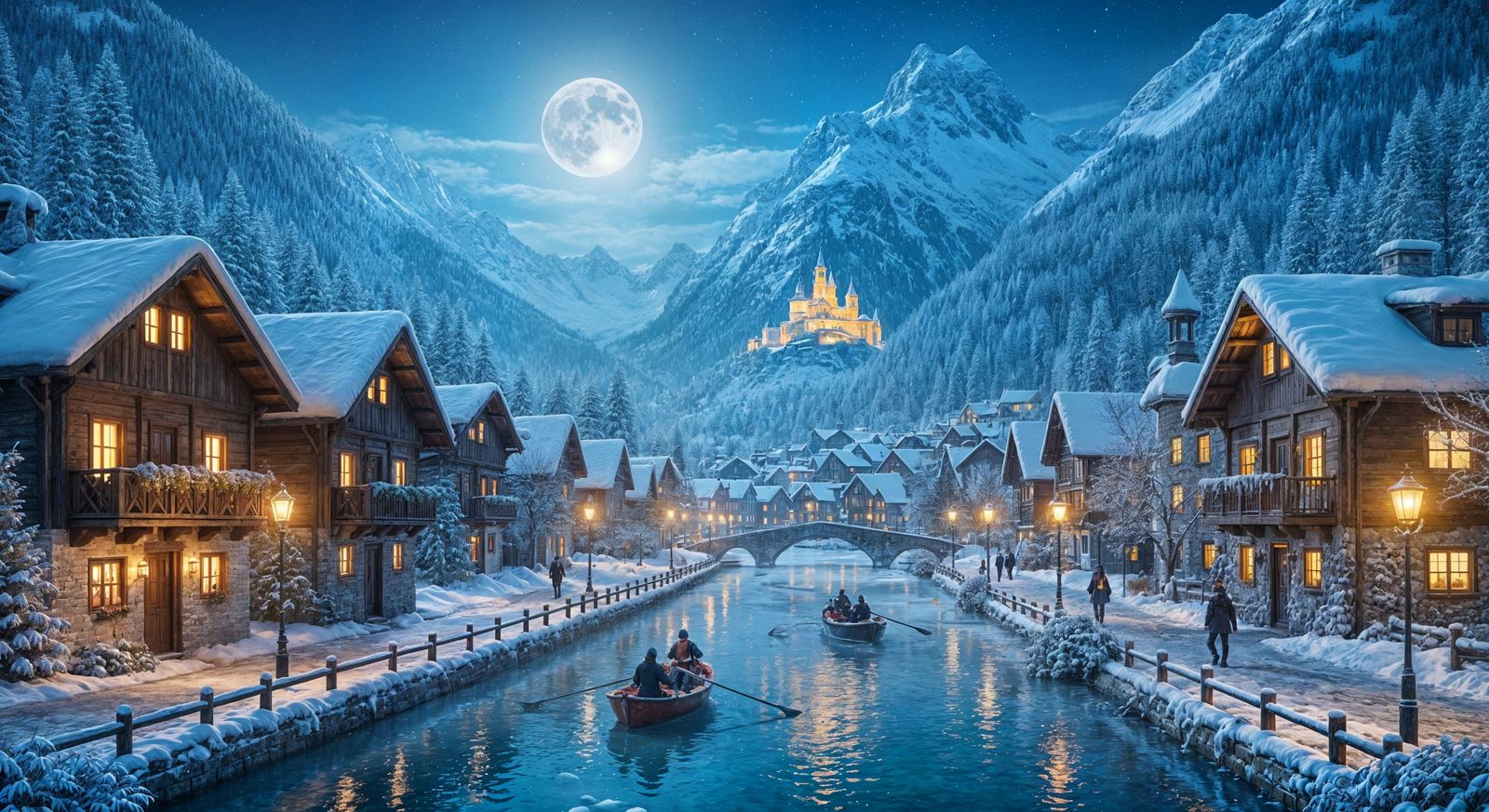 Alpine Village Under Moonlight in Winter