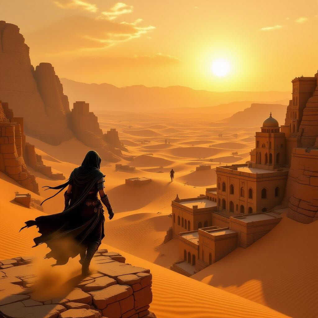Desert Assassin in Sun-Scorched City at Golden Hour