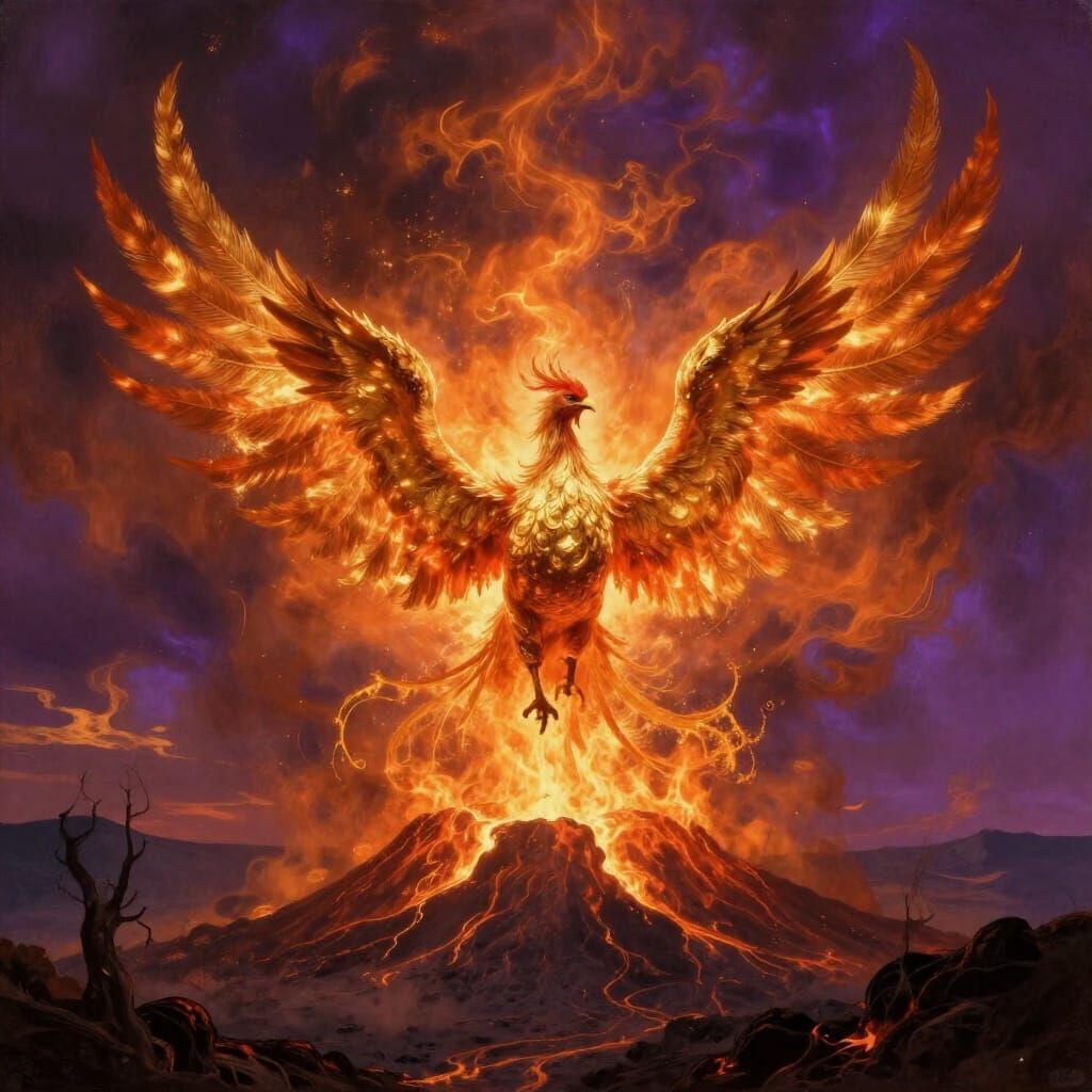 Majestic Phoenix Erupts From Volcanic Landscape