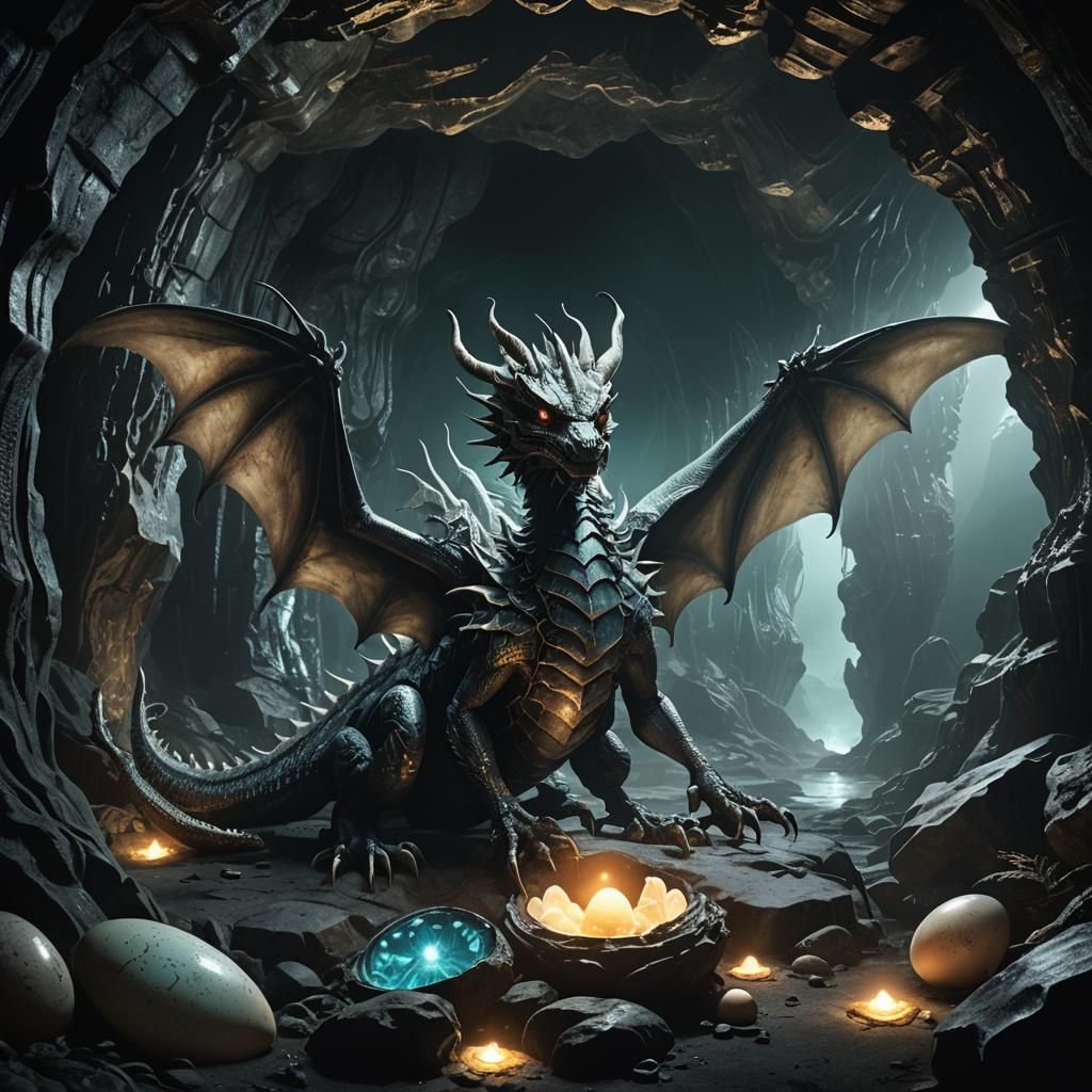 Winged Dragon Lays Egg in Dark Gothic Cave
