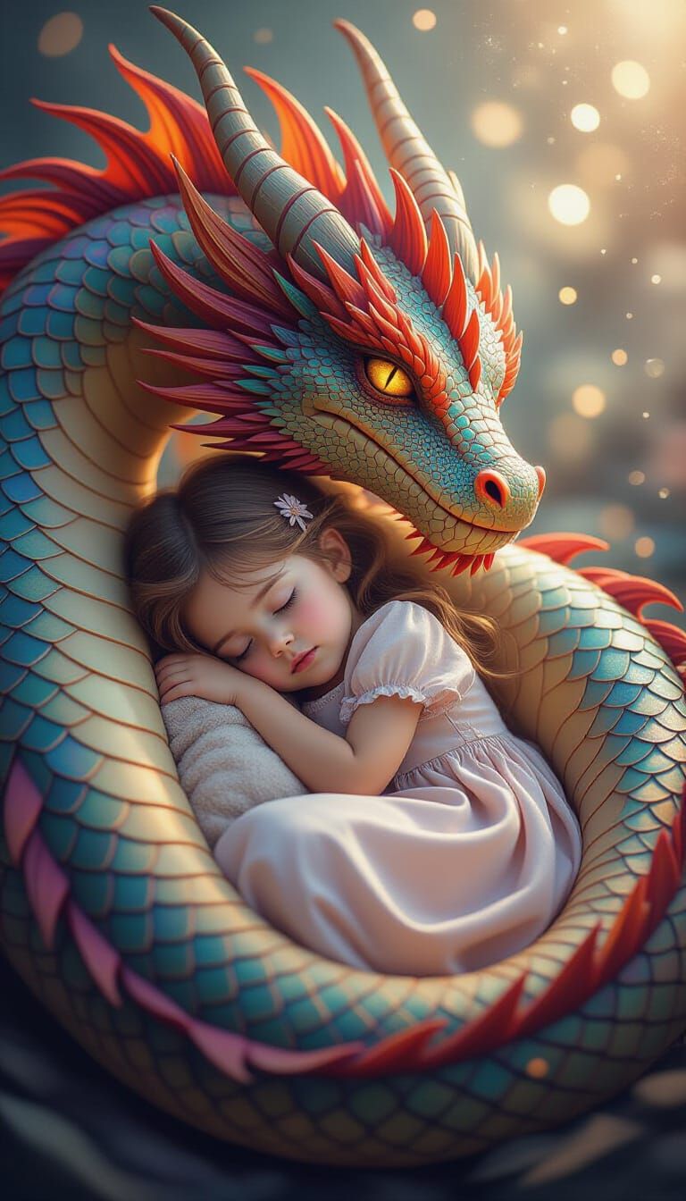 Girl Sleeps with Dragon in Cinematic Fantasy Realism