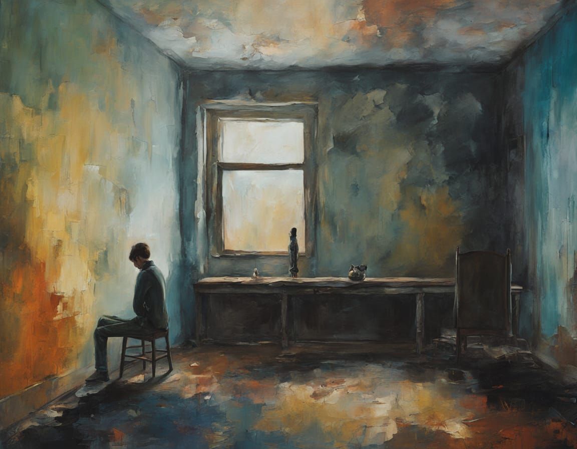 Sorrowful Figure in Abstract Room: Surreal Oil Painting