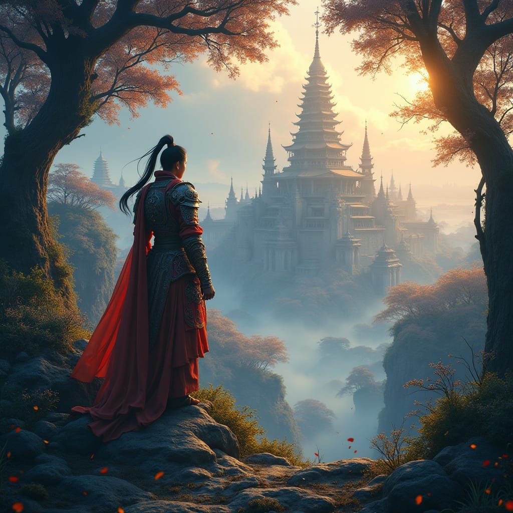 Ethereal Asian Warrior Amidst Ancient Forest and Cityscape