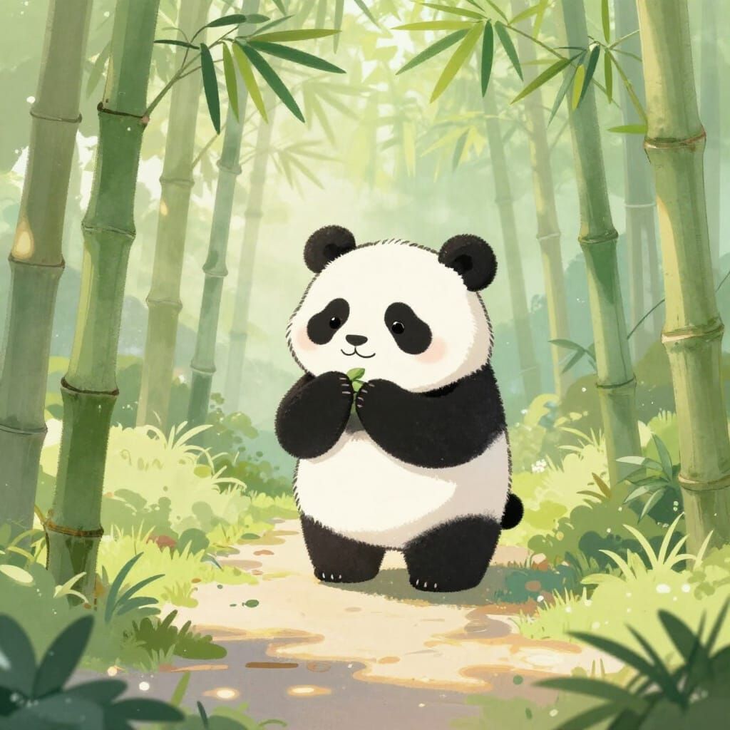 Adorable Panda on Sunlit Bamboo Path Storybook Art