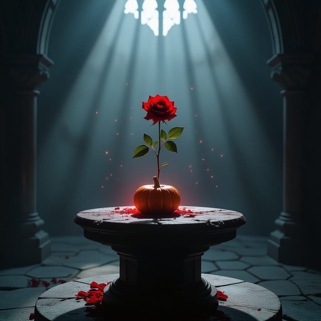 Crimson Rose Levitates Over Gothic Altar