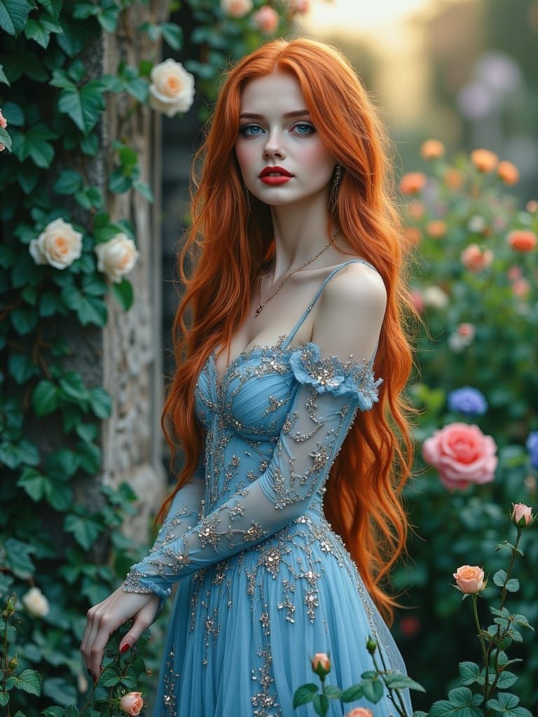 Princess in Indigo Rose Garden at Dawn