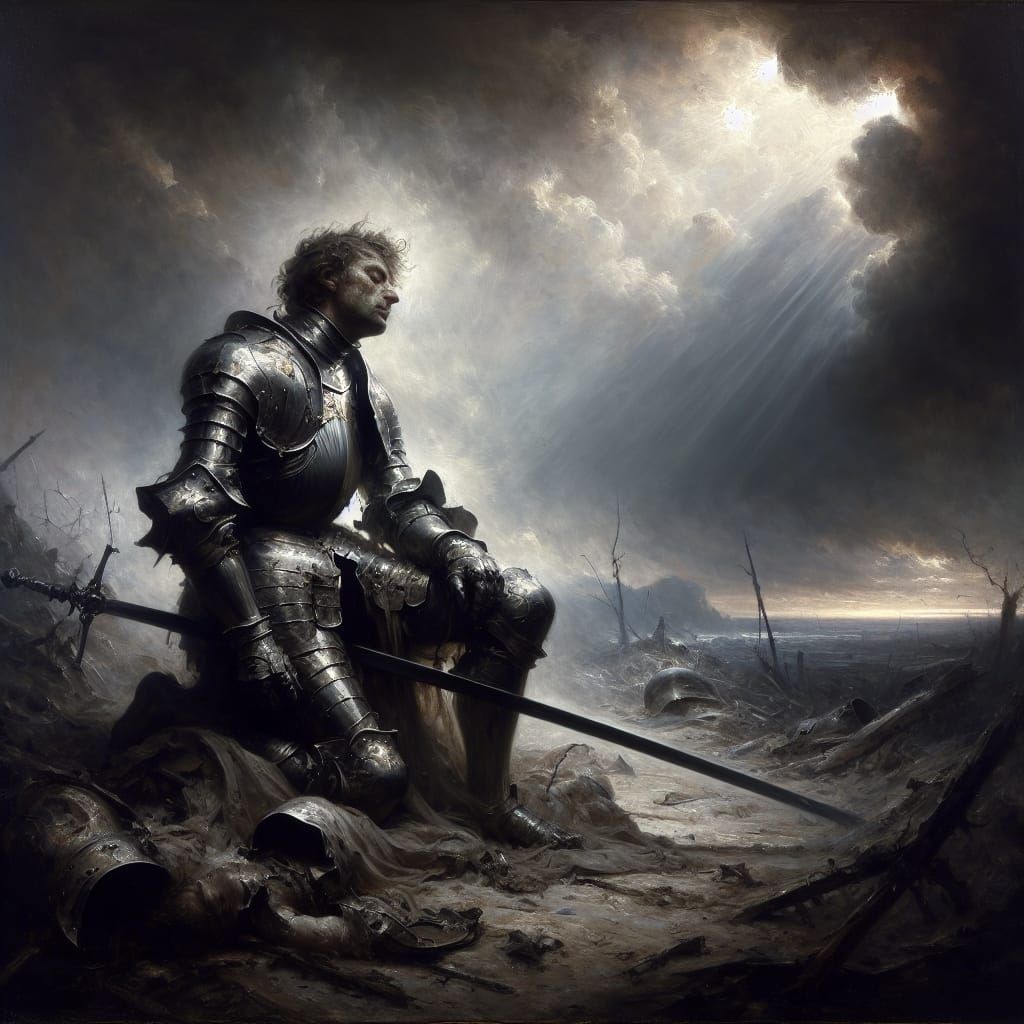 Tenebrism-Style Oil Painting of a Fallen Knight Seeking Rede...