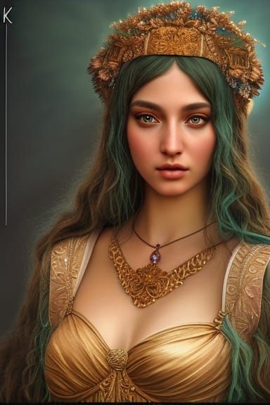 Hyperrealistic Hestia with Bioluminescent Dress, in Klimt St...