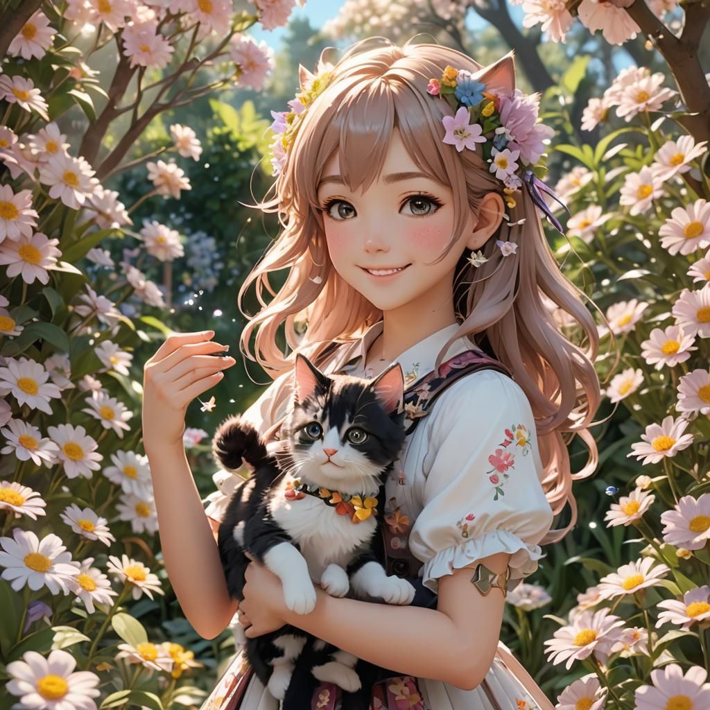 Anime Girl with Kitten in Floral Garden