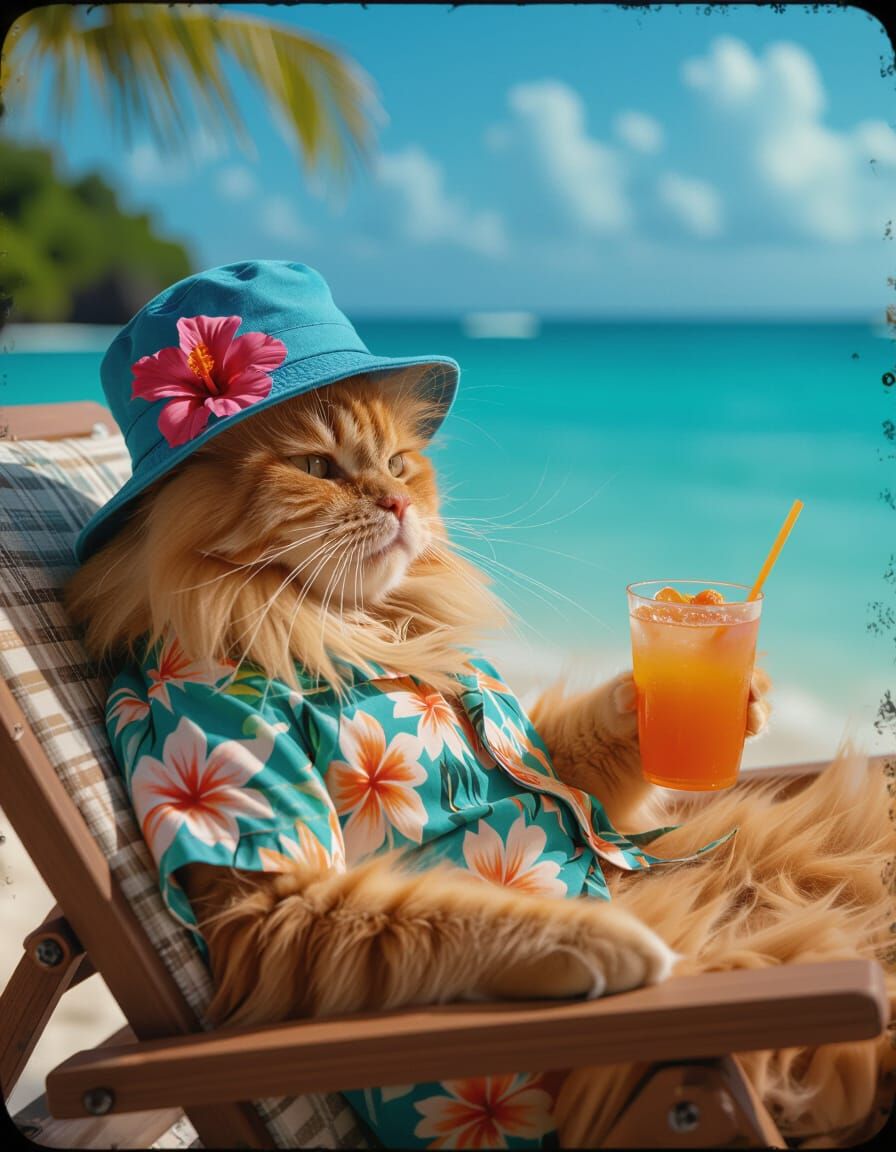 Cat Lounging in Paradise: A Cinematic Film Still