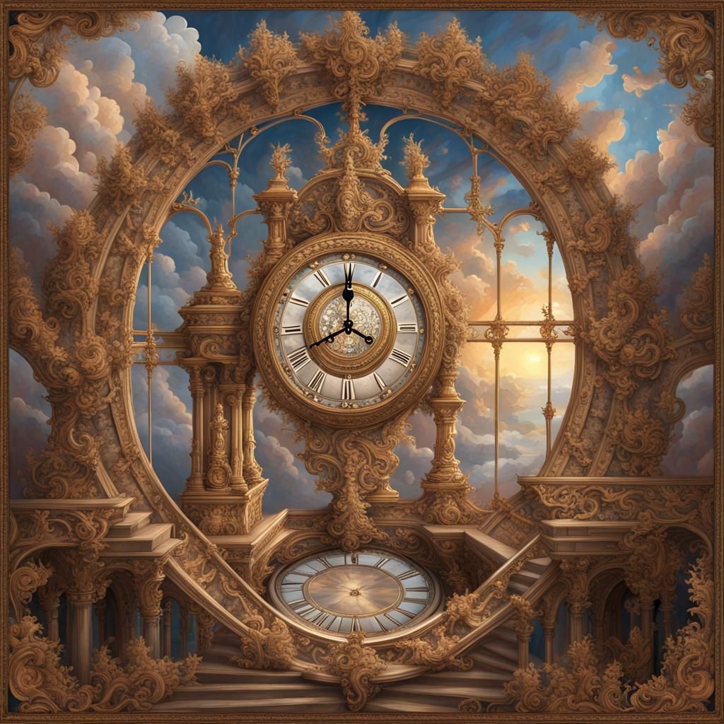 Ornate Clock Tower Staircase to Sky, Fantasy Art